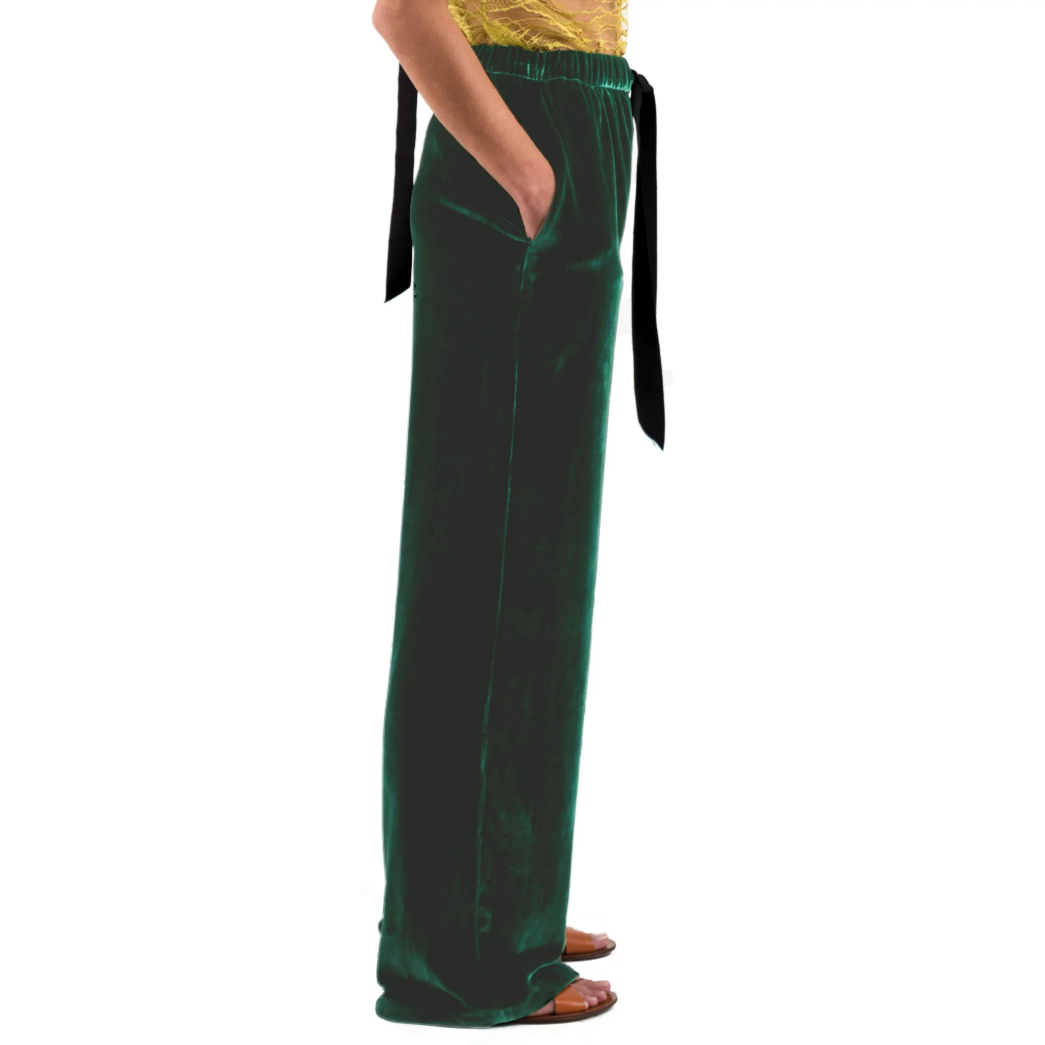 velvet drawstring pants forest green grosgrain