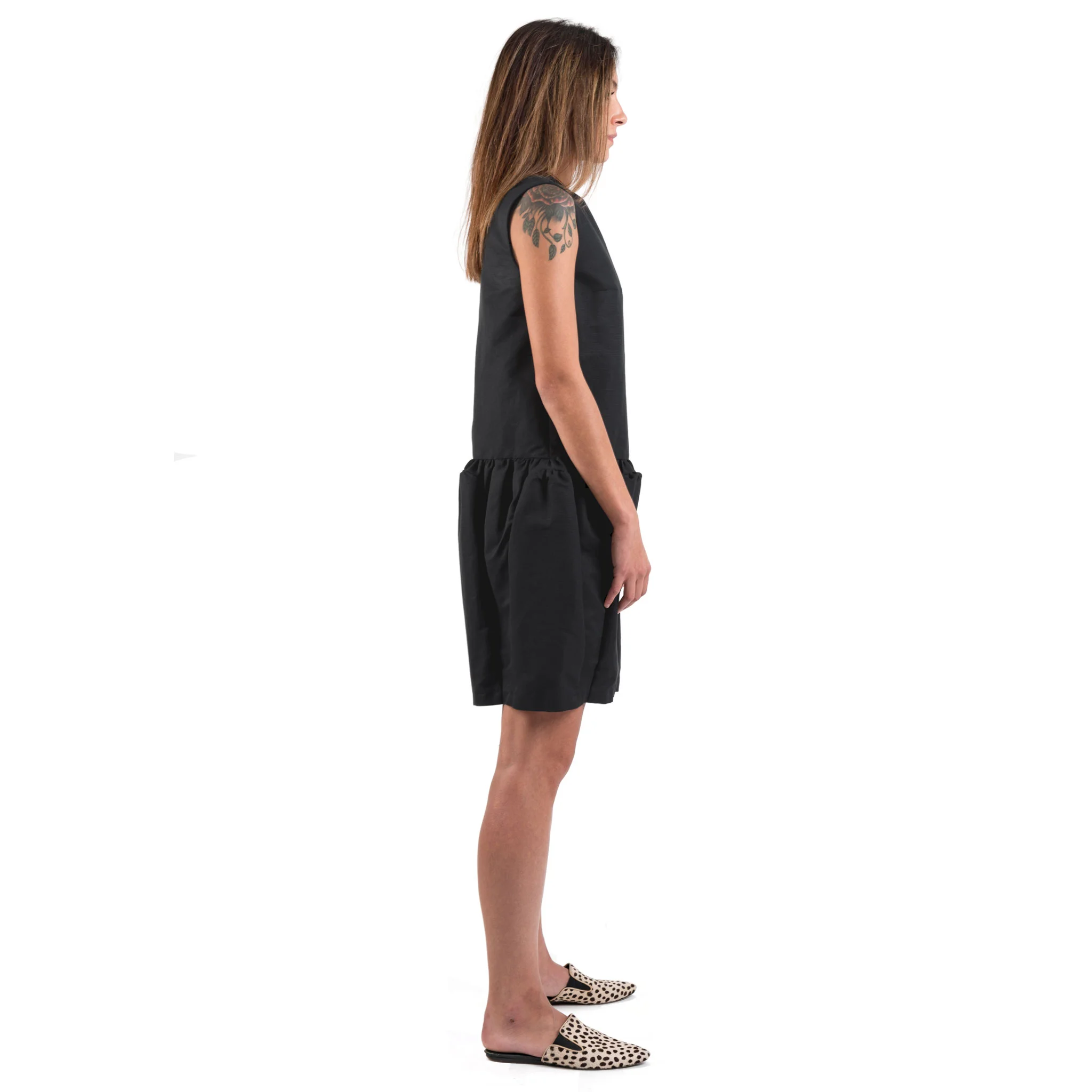 silk cotton faille godet dress black