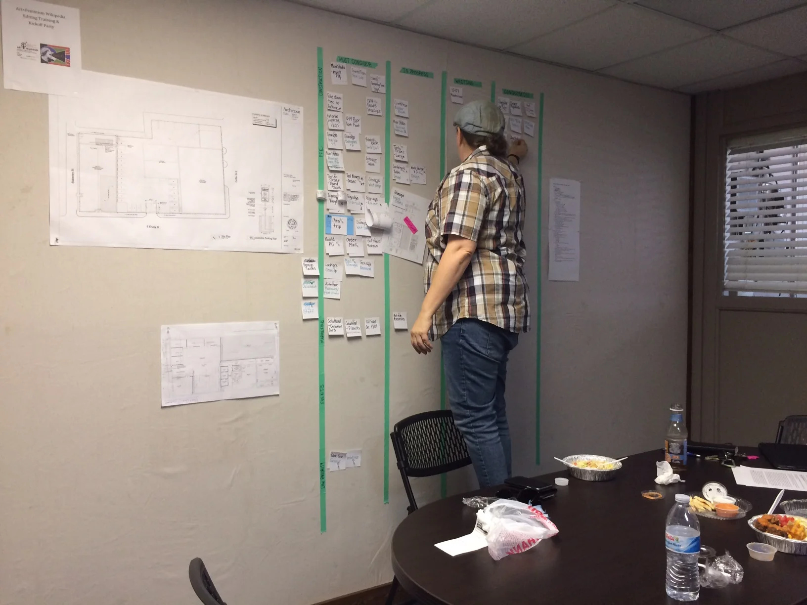  We created a kanban board to track tasks already in progress and all upcoming tasks for the building remodel and for construction of the individual micro-studios.  Although many places might follow different project management methodologies, we were