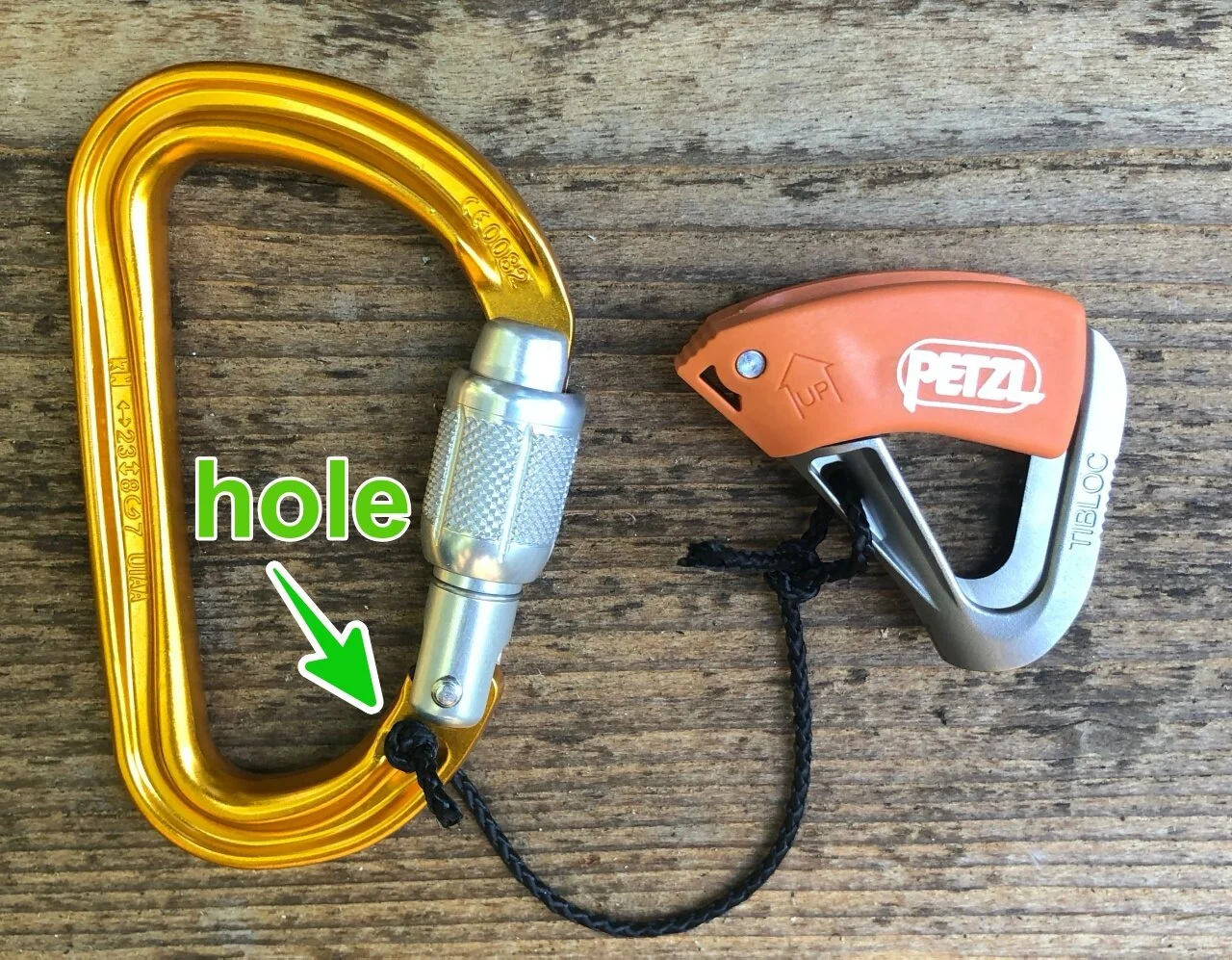 Petzl Sm’D carabiner there’s a keeper cord hole — Alpinesavvy