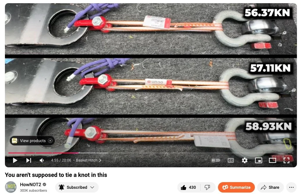 Dyneema sling basket hitch break test results