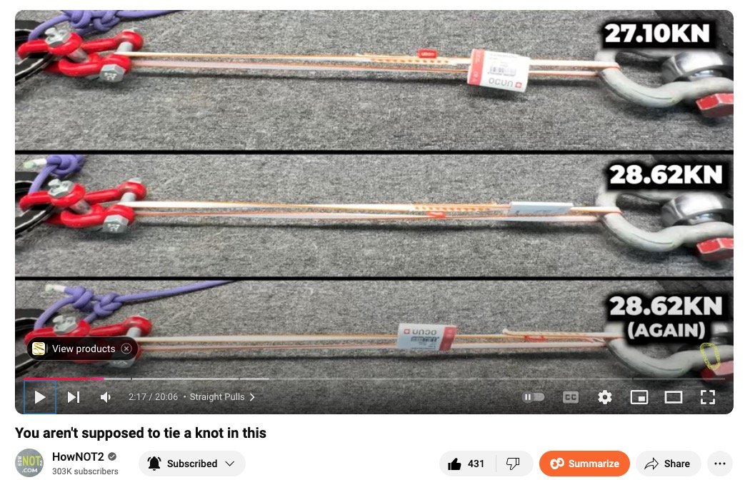 Dyneema sling end to end pull break test results