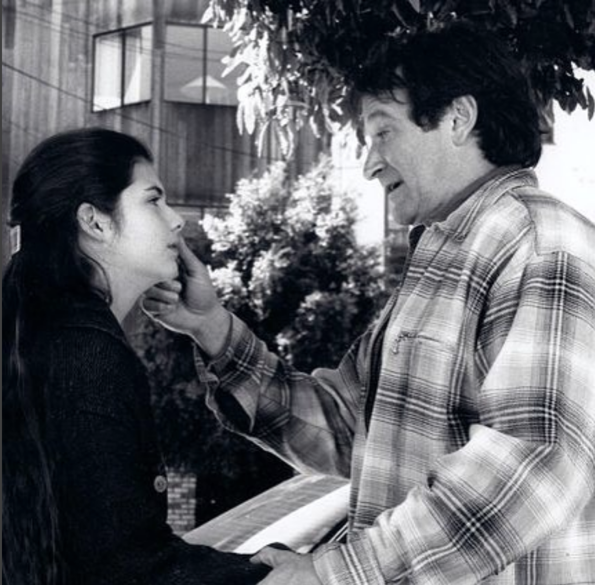 Lisa Jakub and Robin Williams from Mrs. Doubtfire. Lisa looks upset, Robin touches her face. 