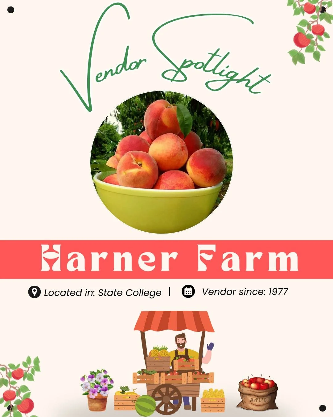This week's vendor highlight is @harnerfarm, which has been here since the very beginning! They were one of the original organizers of the market. They are back for the season with lots of fruit, veg, and apple cider on the way. Go give them a follow