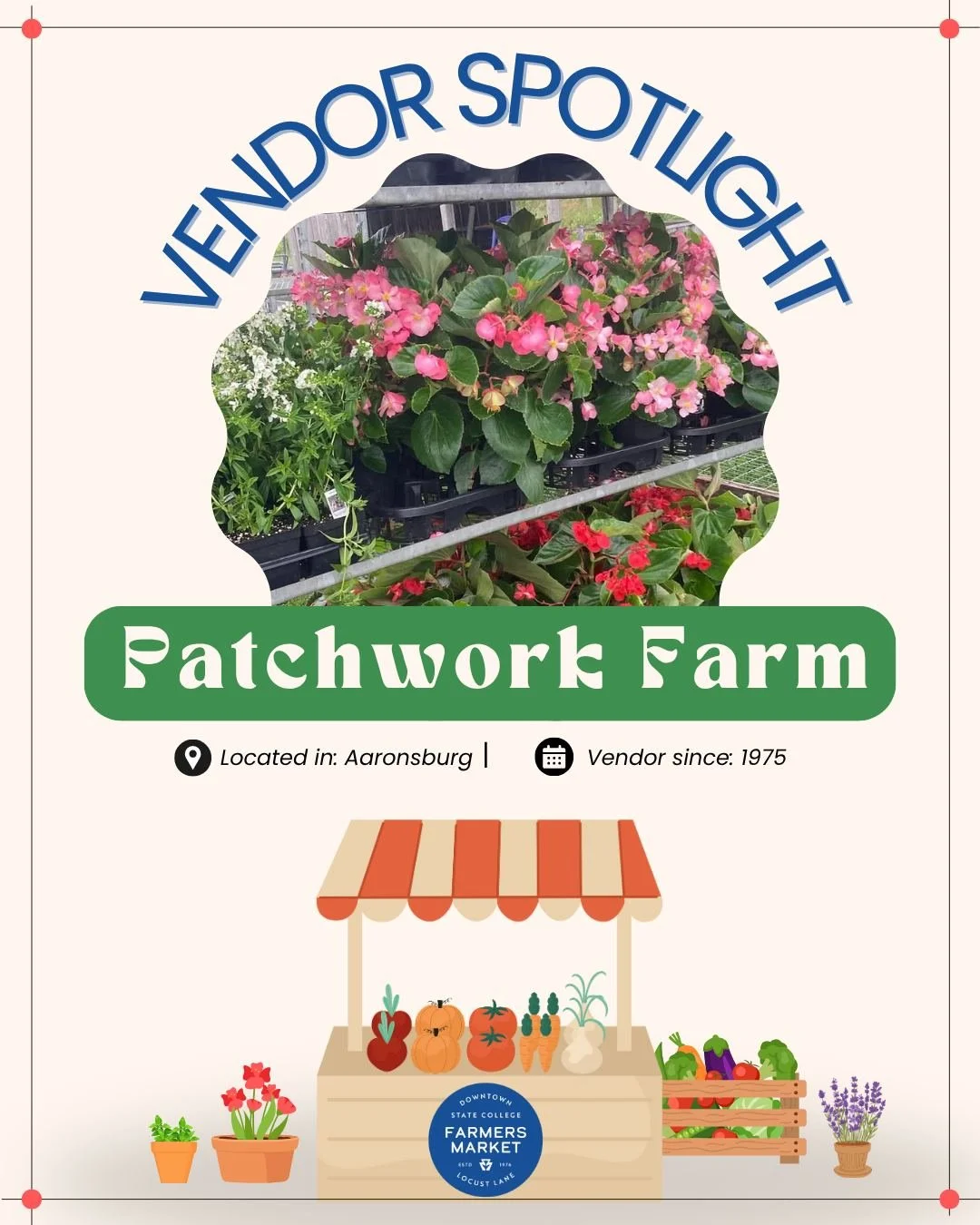 This week's vendor highlight is Patchwork Farm & Greenhouse, a Certified Organic farm that carries a variety of vegetables and flowers, including make-your-own bouquets. This will be their 50th year at the market! Stop by and say hello π