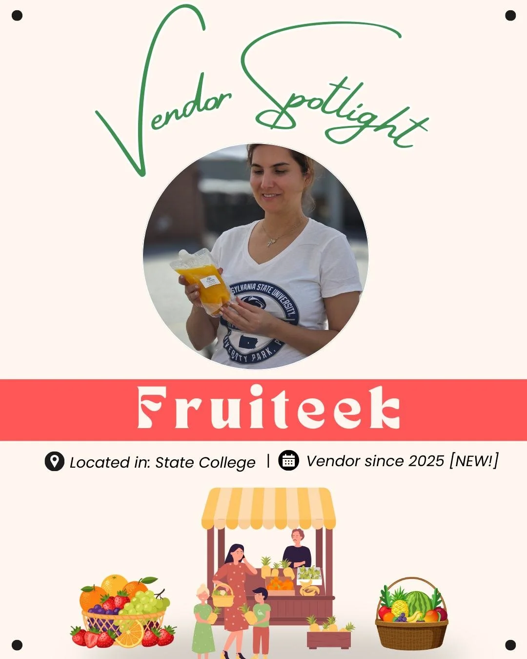 Join us in welcoming one of our new vendors to the market, Fruiteek! They offer fresh fruit juice, fruit snacks and chocolate-covered fruit treats. Be sure to check them out next time you're here! 🍍🍉🍊