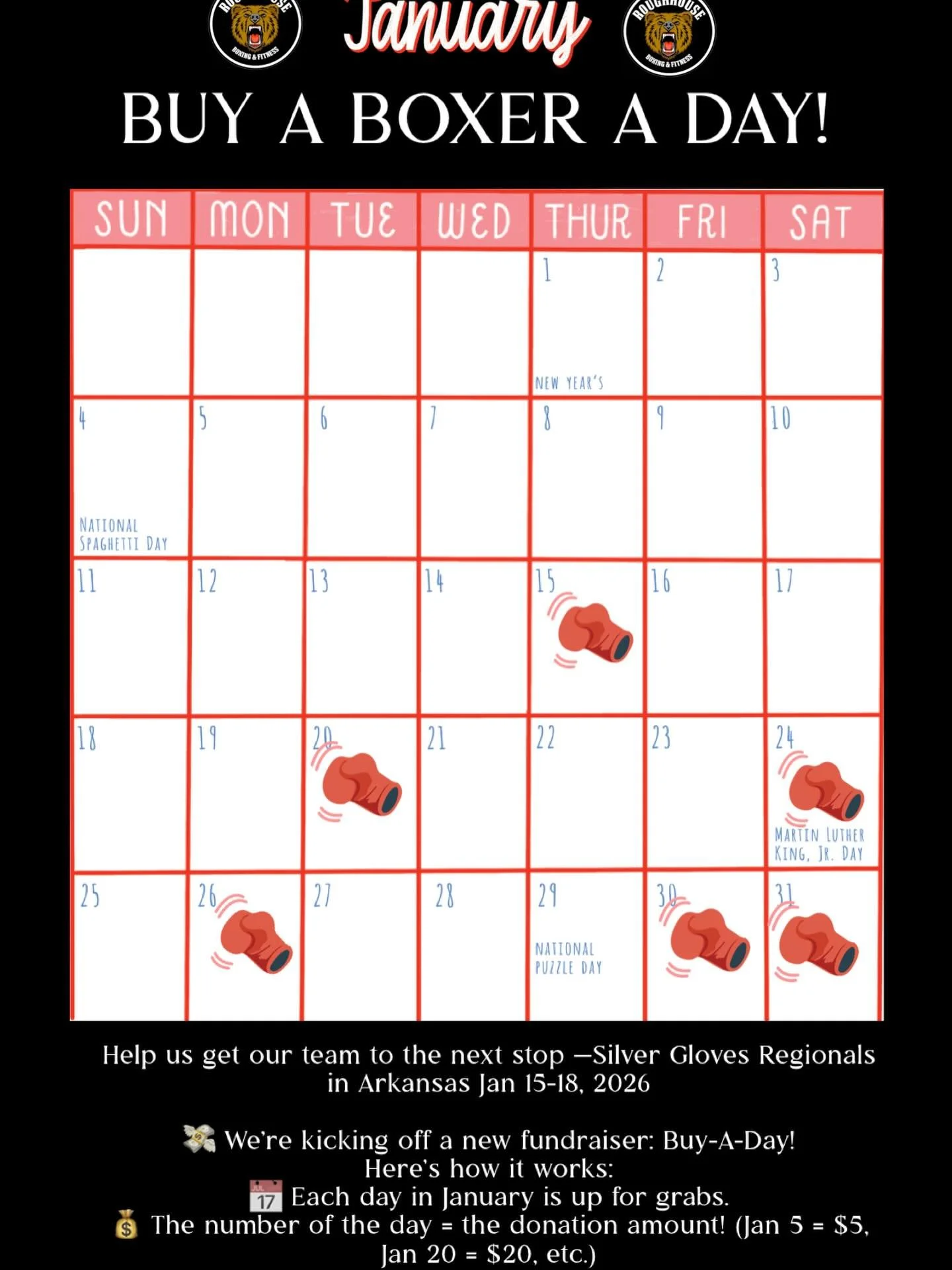 We are blown away by the support so far&mdash;thank you to everyone who has already claimed a day and donated to help us get to Silver Gloves Regionals! 🥊💙

Every donation gets us closer to our goal, and your generosity is fueling this journey. Whe