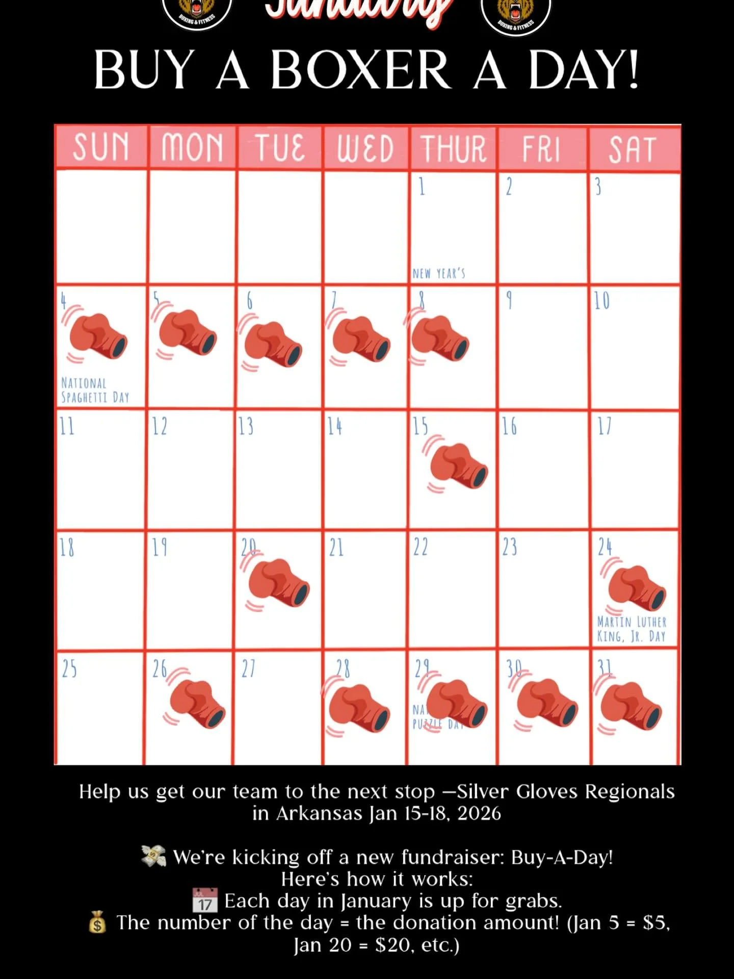 There are still 18 days left on the calendar&mdash;plenty of chances to jump in and make a difference!

📅 Pick a date in January
💵 Donate the amount that matches the day (Jan 18 = $18, etc.)

📲 CashApp: $roughhouseboxing
📲 Venmo: @roughhouseboxin