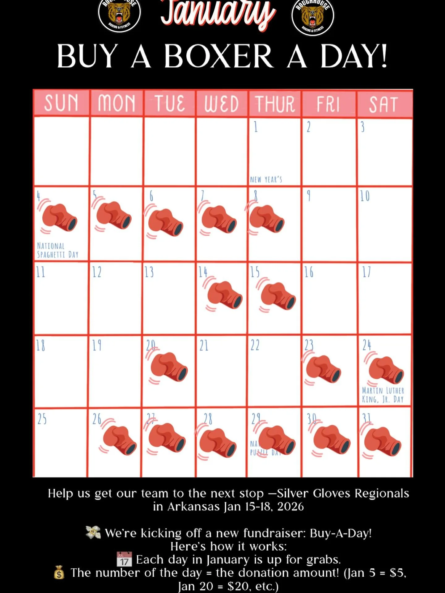 If you&rsquo;ve been thinking about donating&mdash;now&rsquo;s the time!
🗓️ Pick a day
💵 Donate the amount that matches (Jan 17 = $17, etc.)

📲 CashApp: $roughhouseboxing
📲 Venmo: @roughhouseboxing
(Be sure to include the date in the notes!)

You