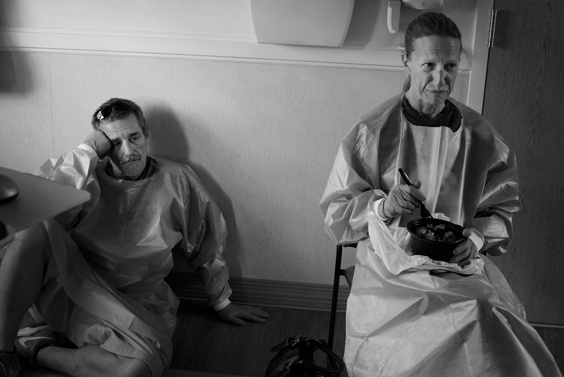 In Vinny's hospital room the couple listens as he whispers quietly to himself, "Oh God, help me God, help me." It become unbearable for Steve seeing Vinny in so much pain. Soon after, Steve leaves Michelle alone in the room as she tries to finish her lunch.