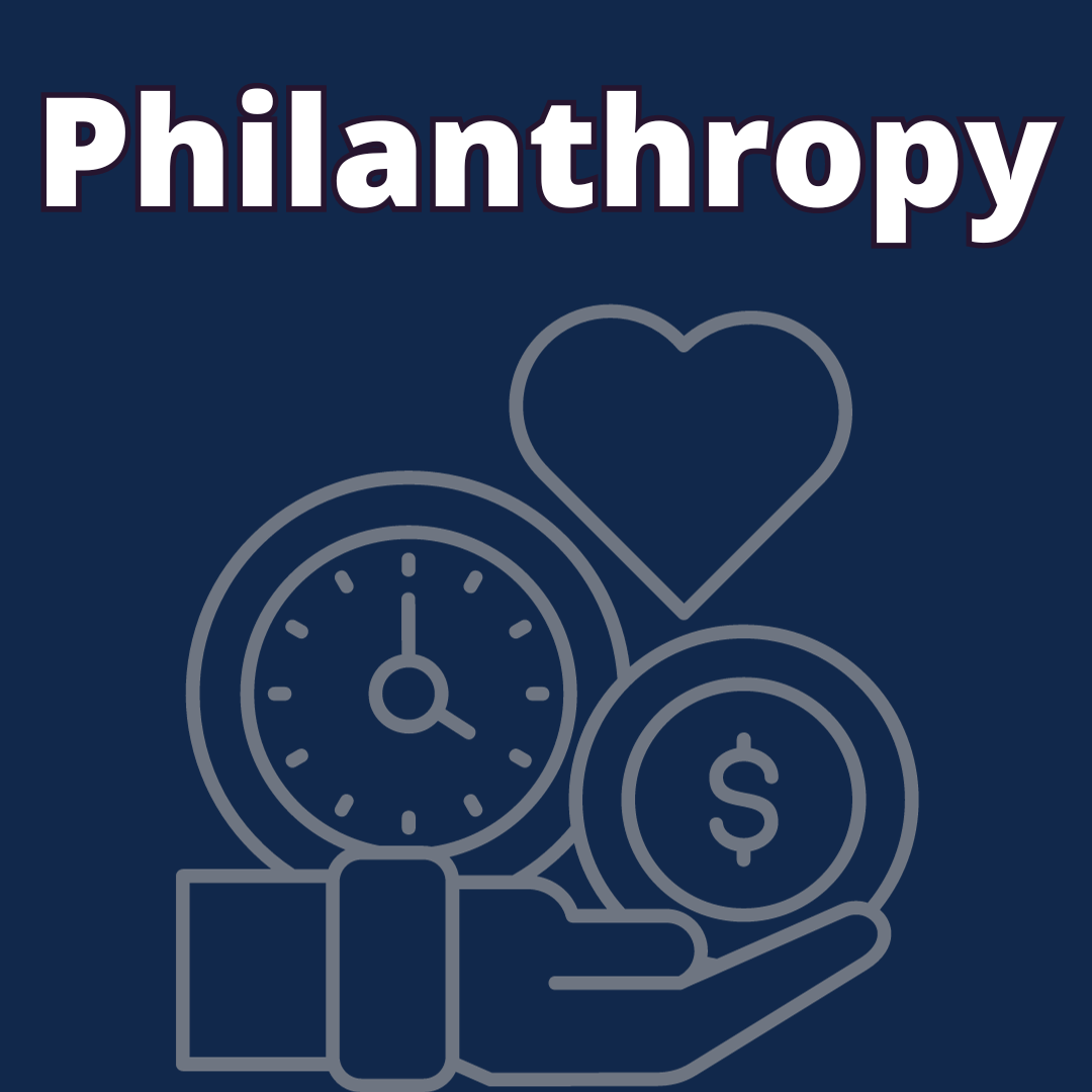 Philanthrophy graphic featuring a hand, dollars sign and heart