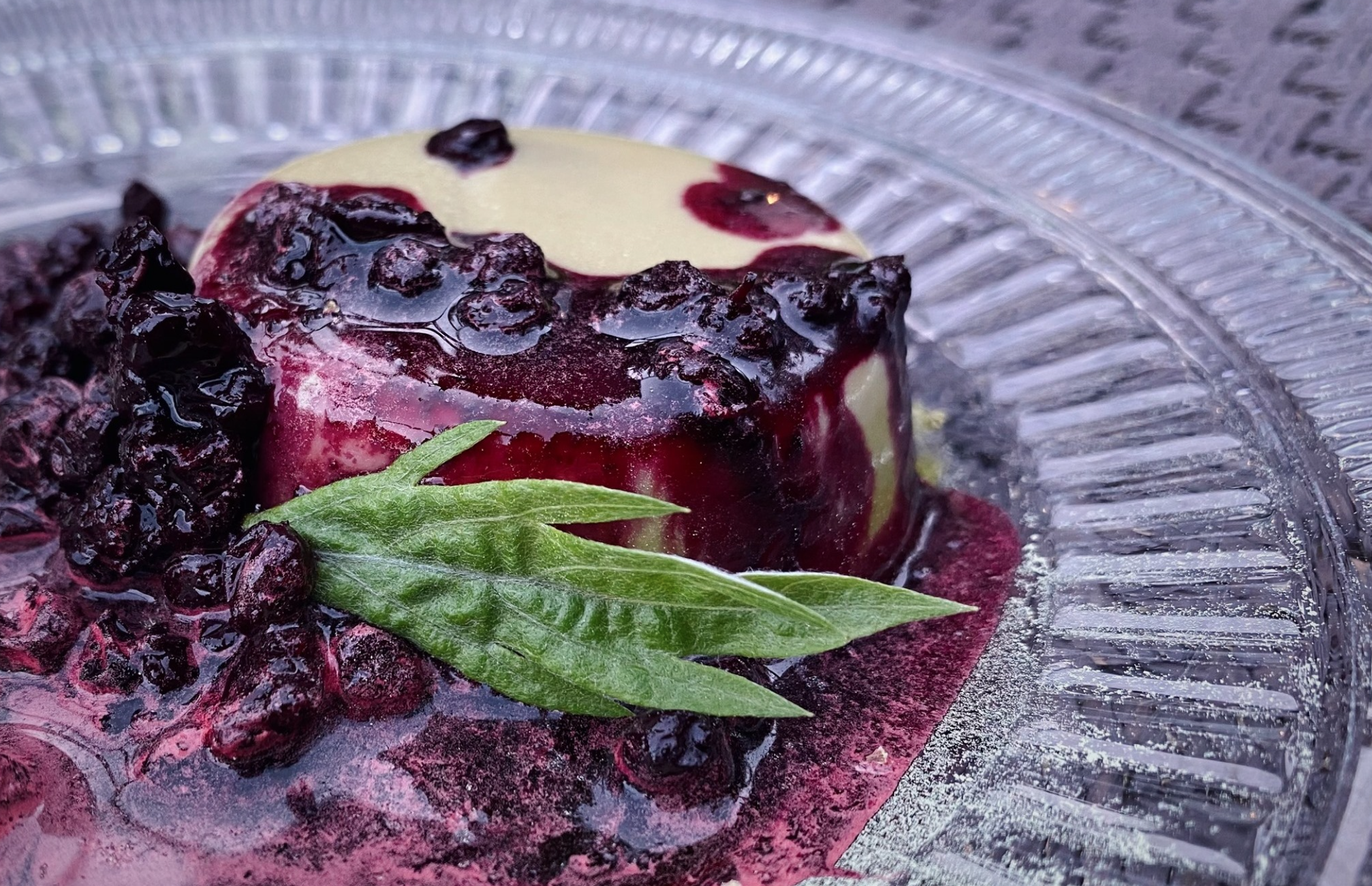 Redwood Tip and Mugwort Panna Cotta with Huckleberry Compote