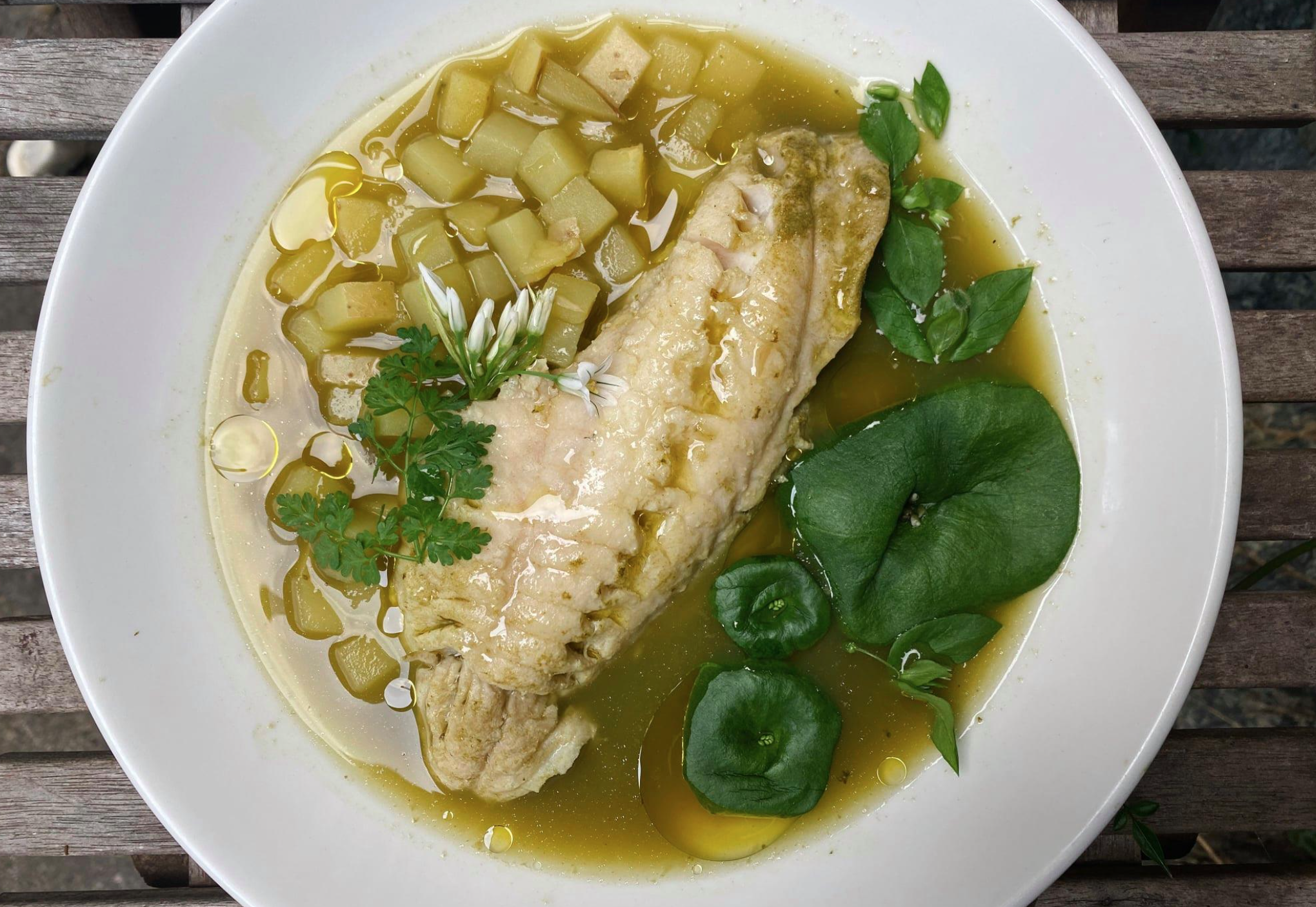 Cod and Potatoes in Wild Greens Broth