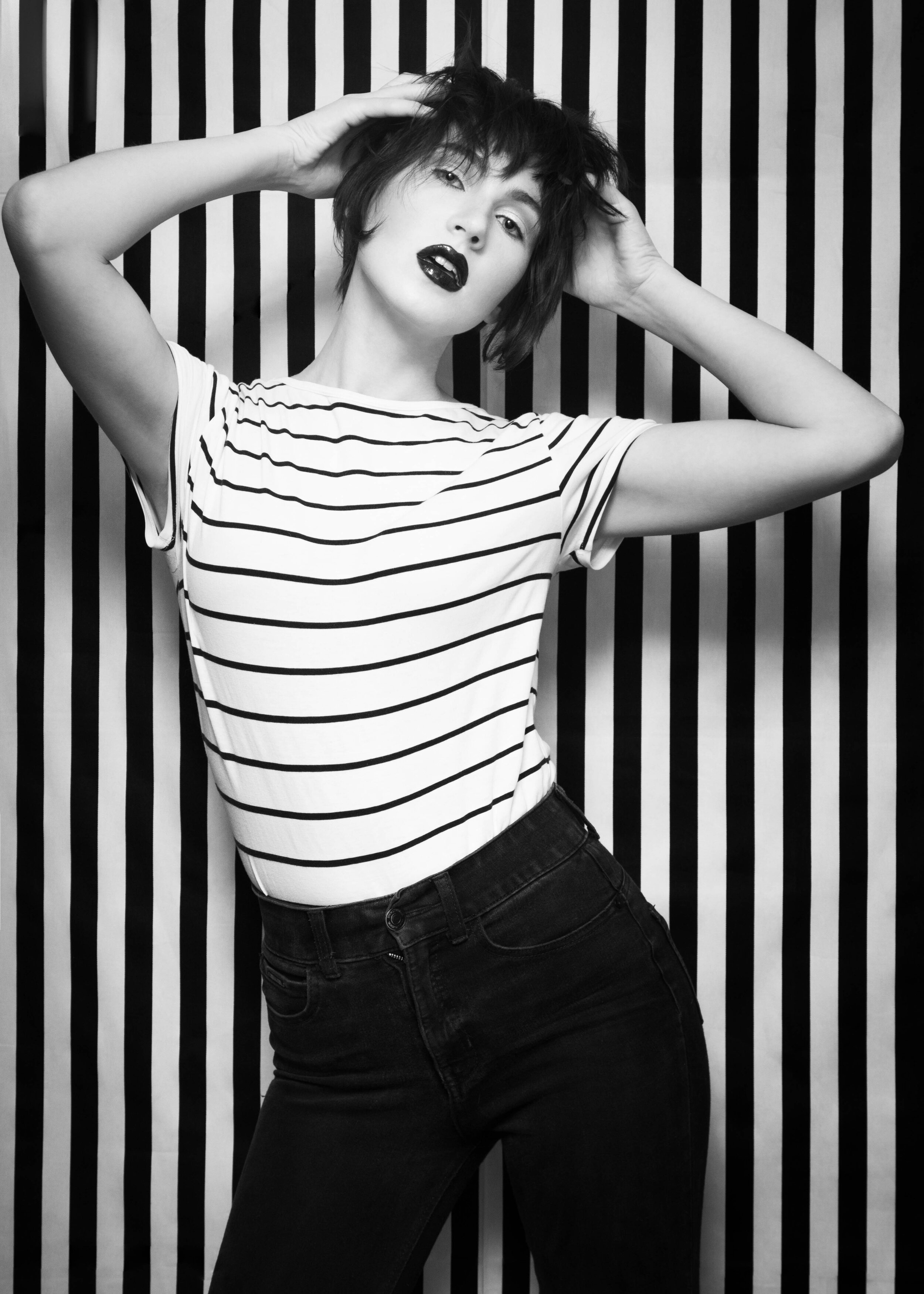  New self portrait, my friend Mia cut my hair, she is an incredible hairdresser! I used some fabric for the backdrop and decided to go with and black and white stripes on stripes look for this photo. Haircut: Mia Bella Talbot Model, Makeup, Photograp