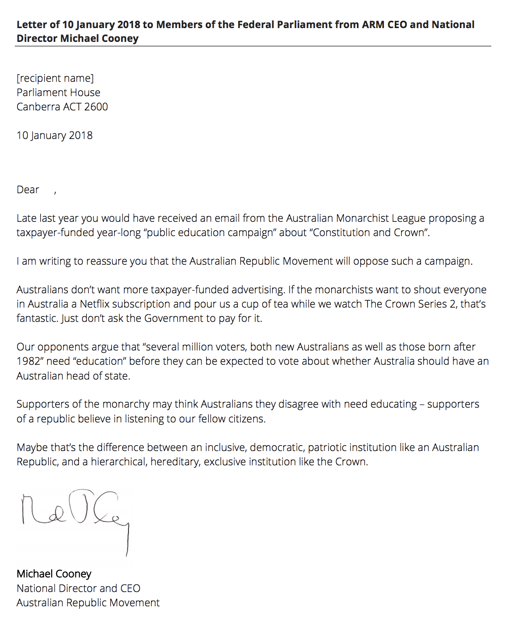 The response from ARM National Director, Michael Cooney.
