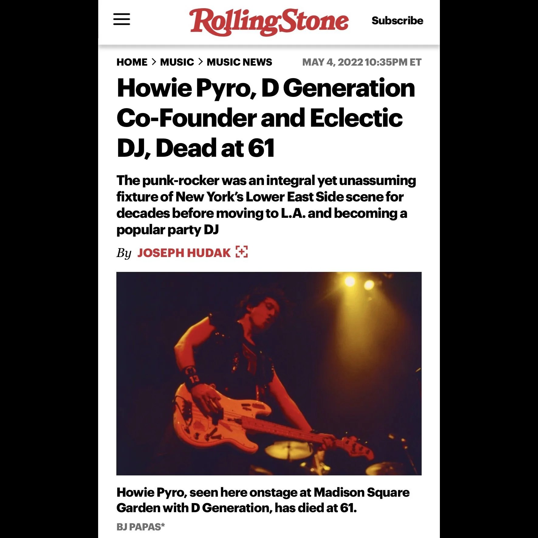 Howie Pyro, D Generation Co-Founder and Eclectic DJ, Dead at 61