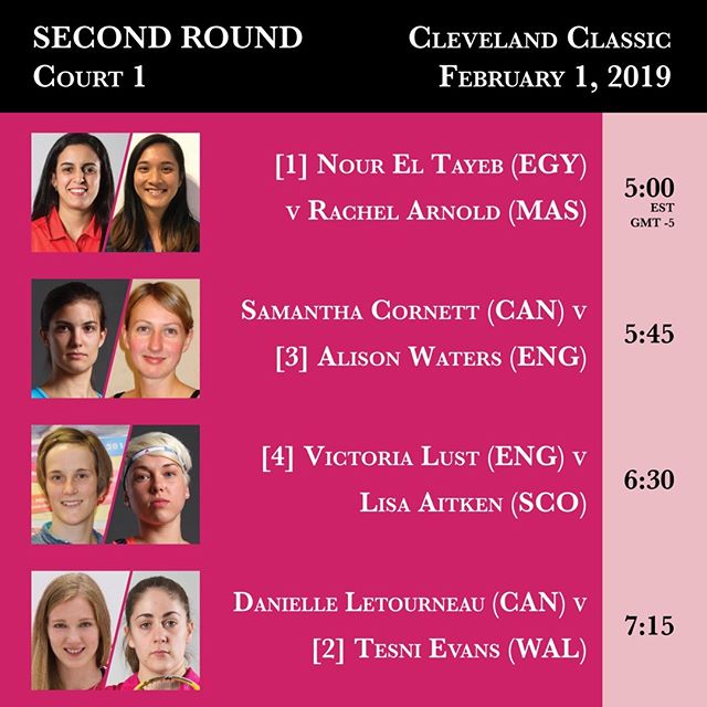 Court 1 Second Round action from the 2019 Cleveland Classic begins February 1 at 5:00 PM. #clesquash #clevelandclassic2019