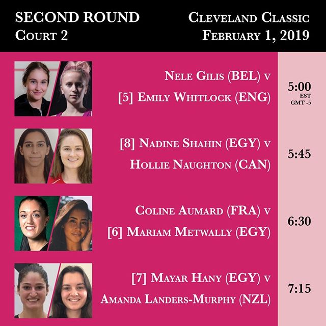 Court 2 Second Round action from the 2019 Cleveland Classic begins February 1 at 5:00 PM. #clesquash #clevelandclassic2019