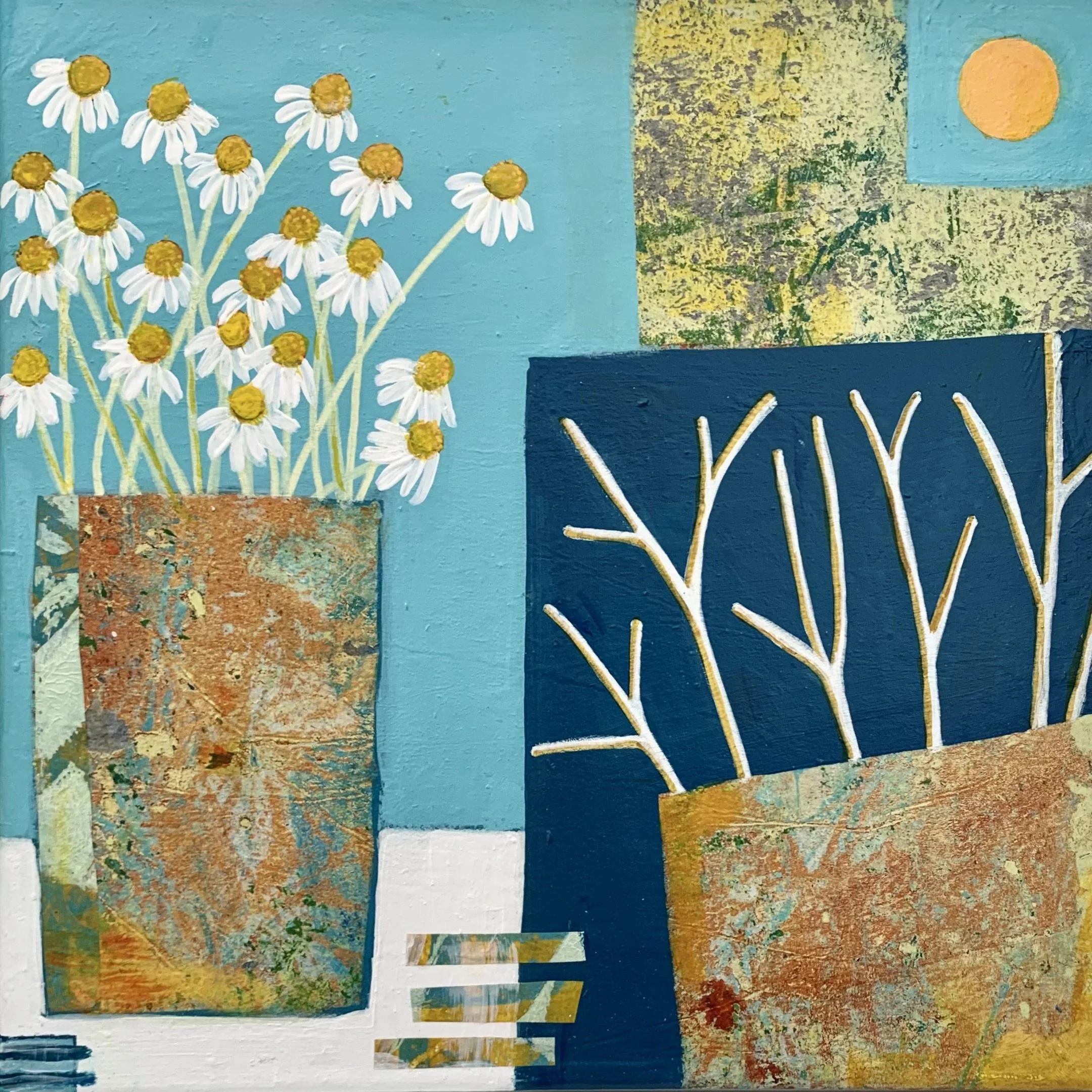 Abstract still-life with daisies blues and oranges