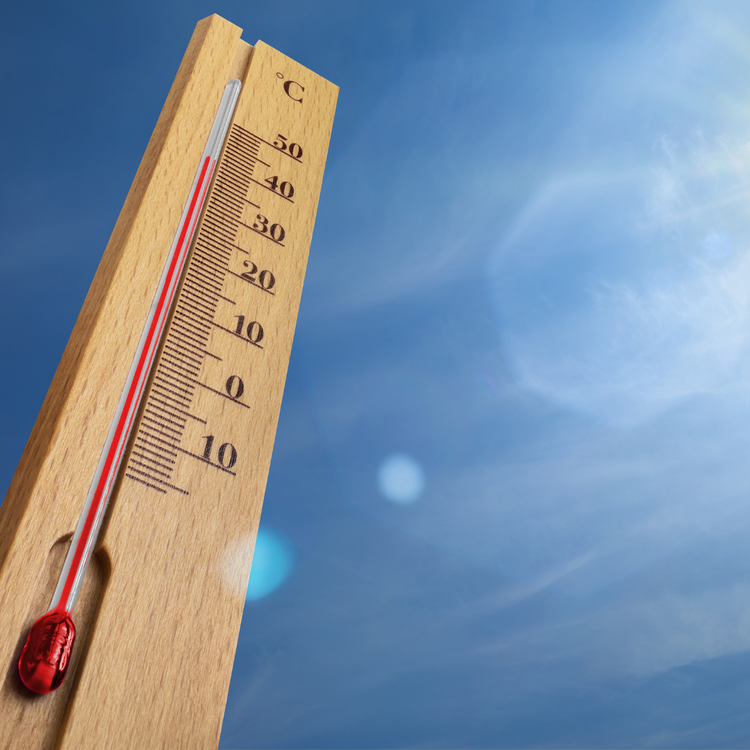 An outdoor thermometer, on a sunny day, showing that the temperature is 40 degrees Celsius.