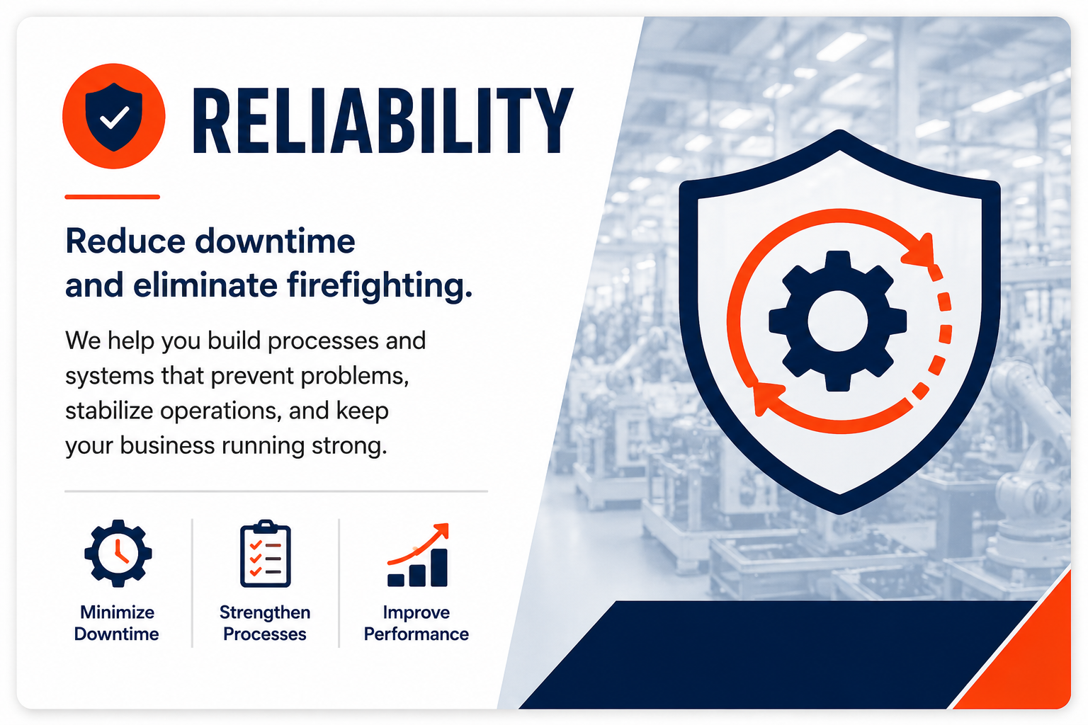 Manufacturing reliability improvement through Kaizen facilitation that reduces unplanned downtime, improves equipment reliability, and eliminates recurring process interruptions.