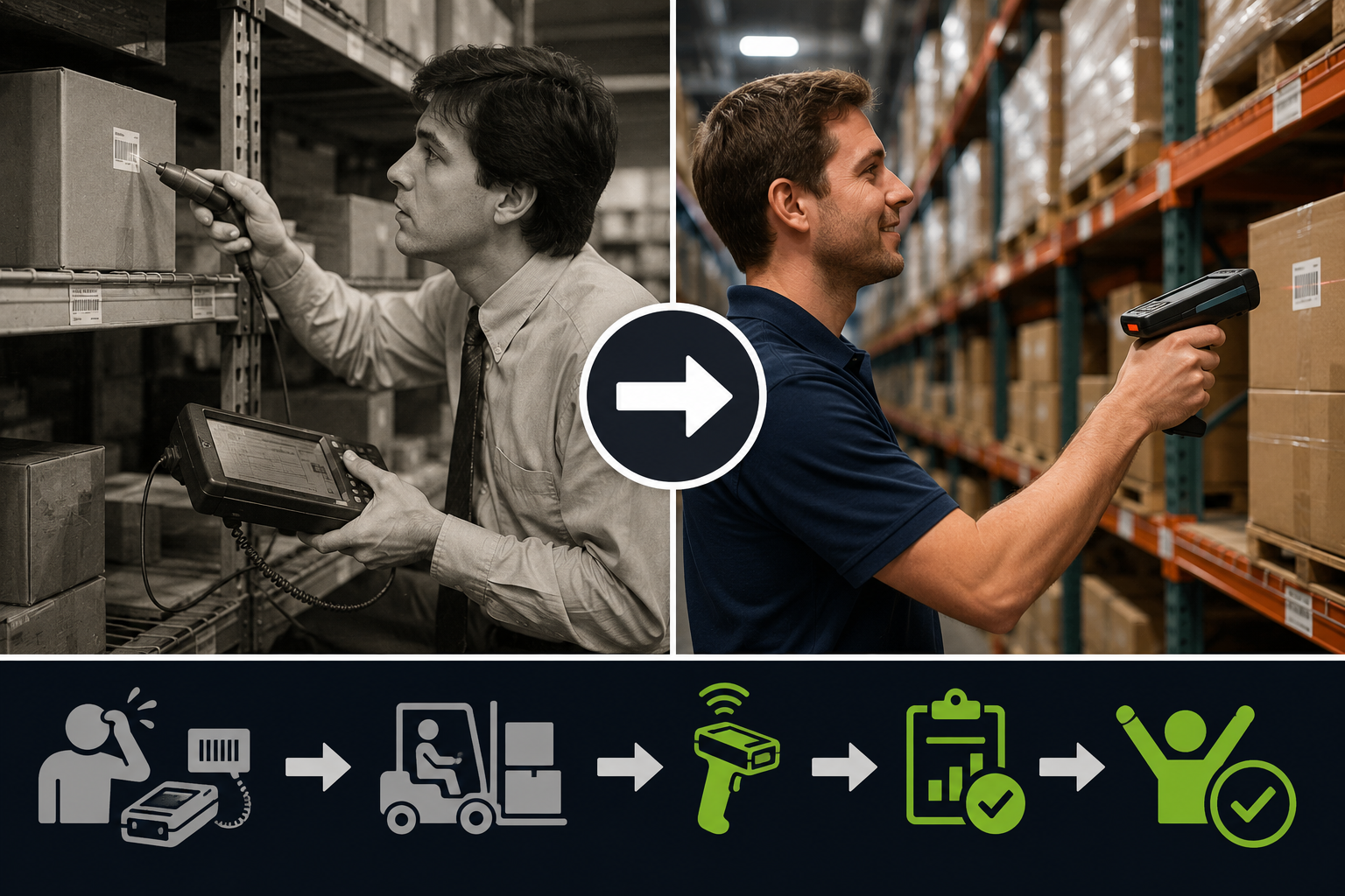 Before-and-after illustration of warehouse barcode inventory management, showing outdated contact barcode readers replaced by modern wireless scanners after listening to frontline employee feedback and improving warehouse efficiency.