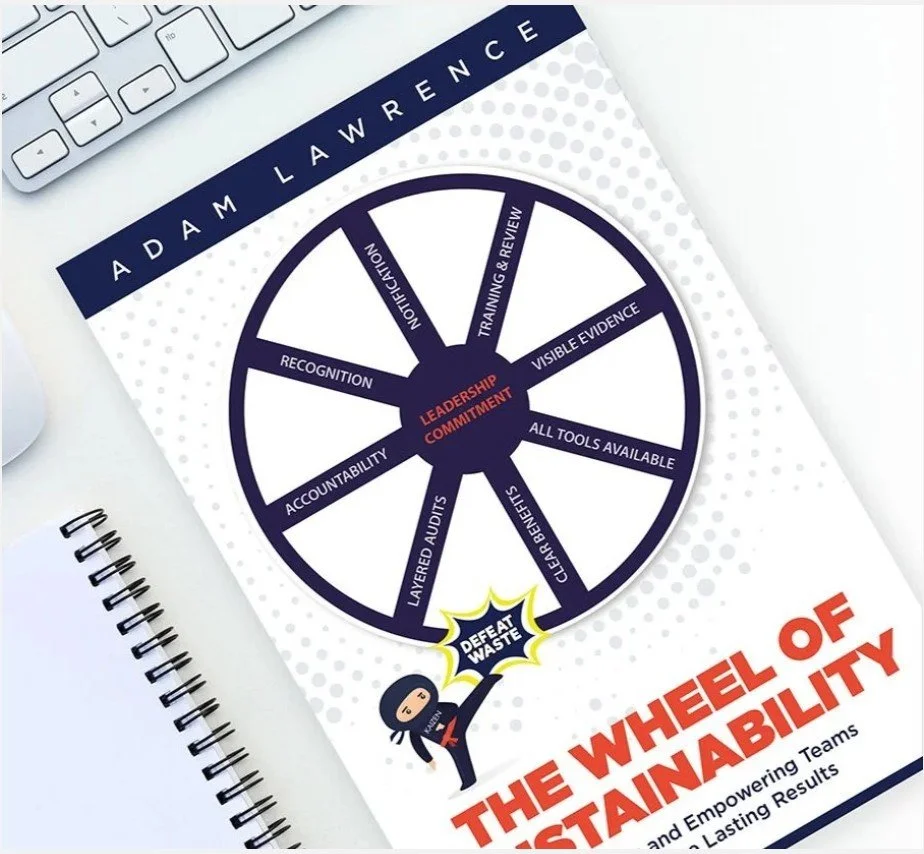 Cover of The Wheel of Sustainability by Adam Lawrence, a practical guide to Lean leadership, employee engagement, and sustaining continuous improvement results.