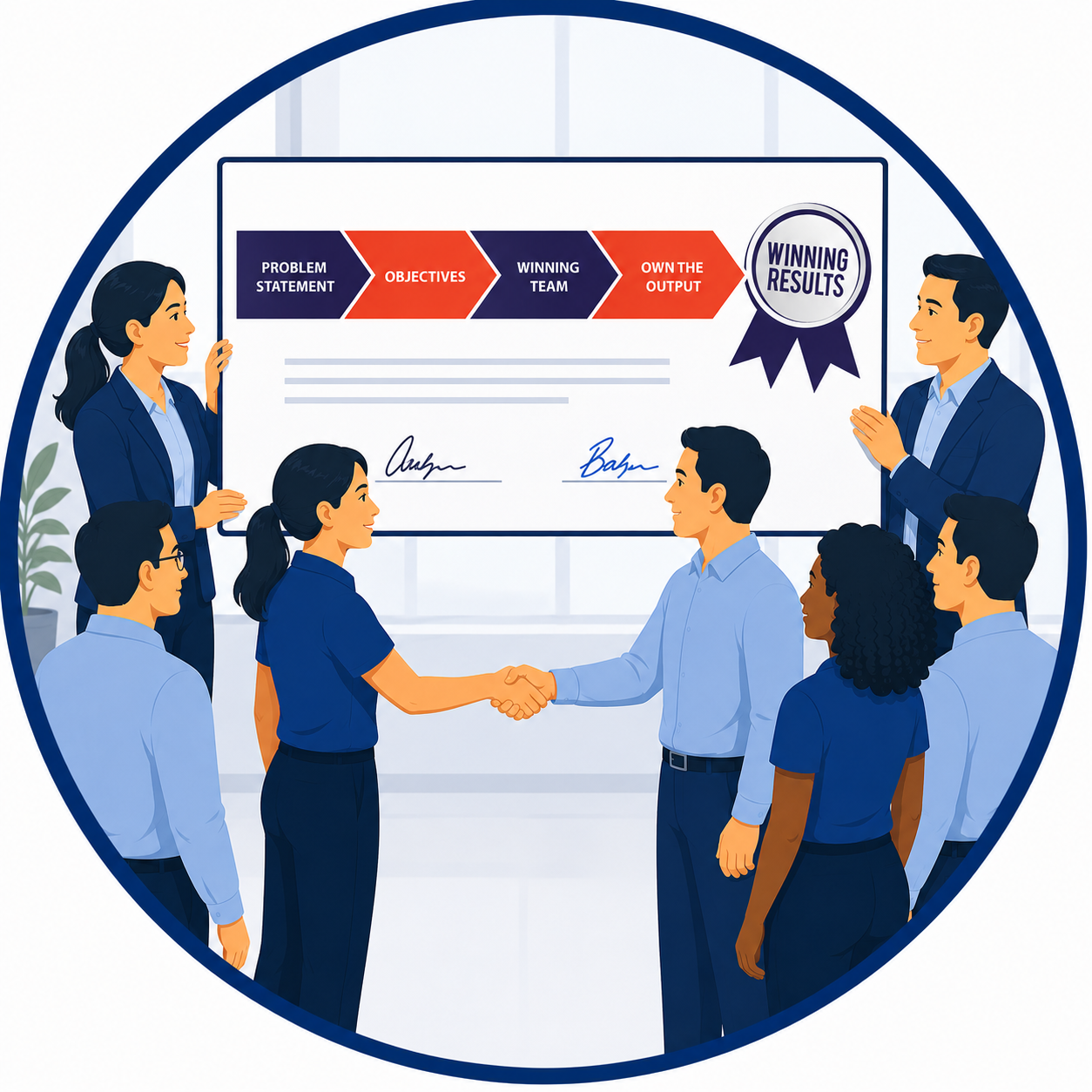 Graphic illustrating the Chartering to Win process, where leaders align on objectives, build the right team, define ownership, and create commitment for successful Kaizen events and sustainable results.