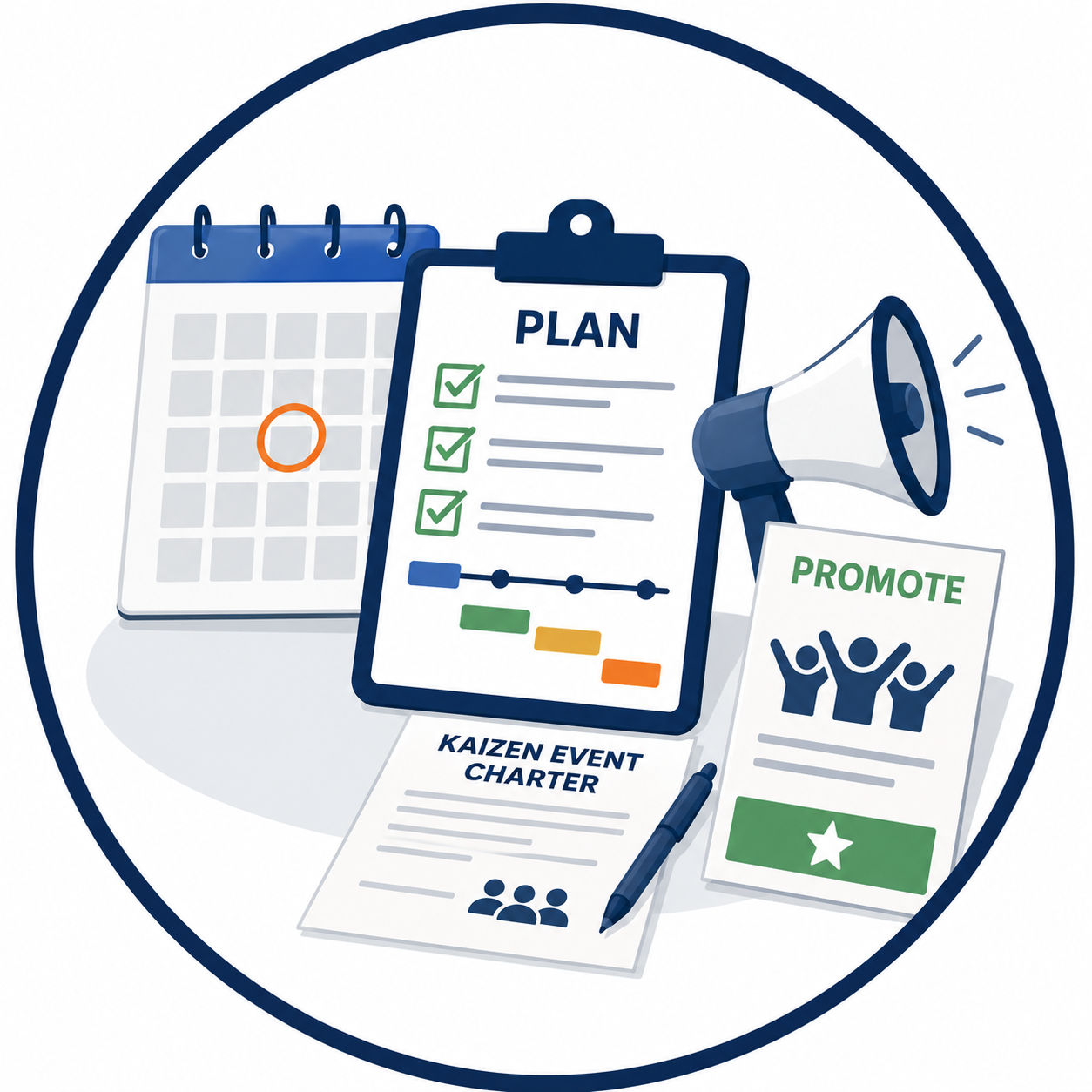 Graphic illustrating Kaizen event planning and promotion, including charter development, scheduling, team communication, and engagement activities that build participation and event success.