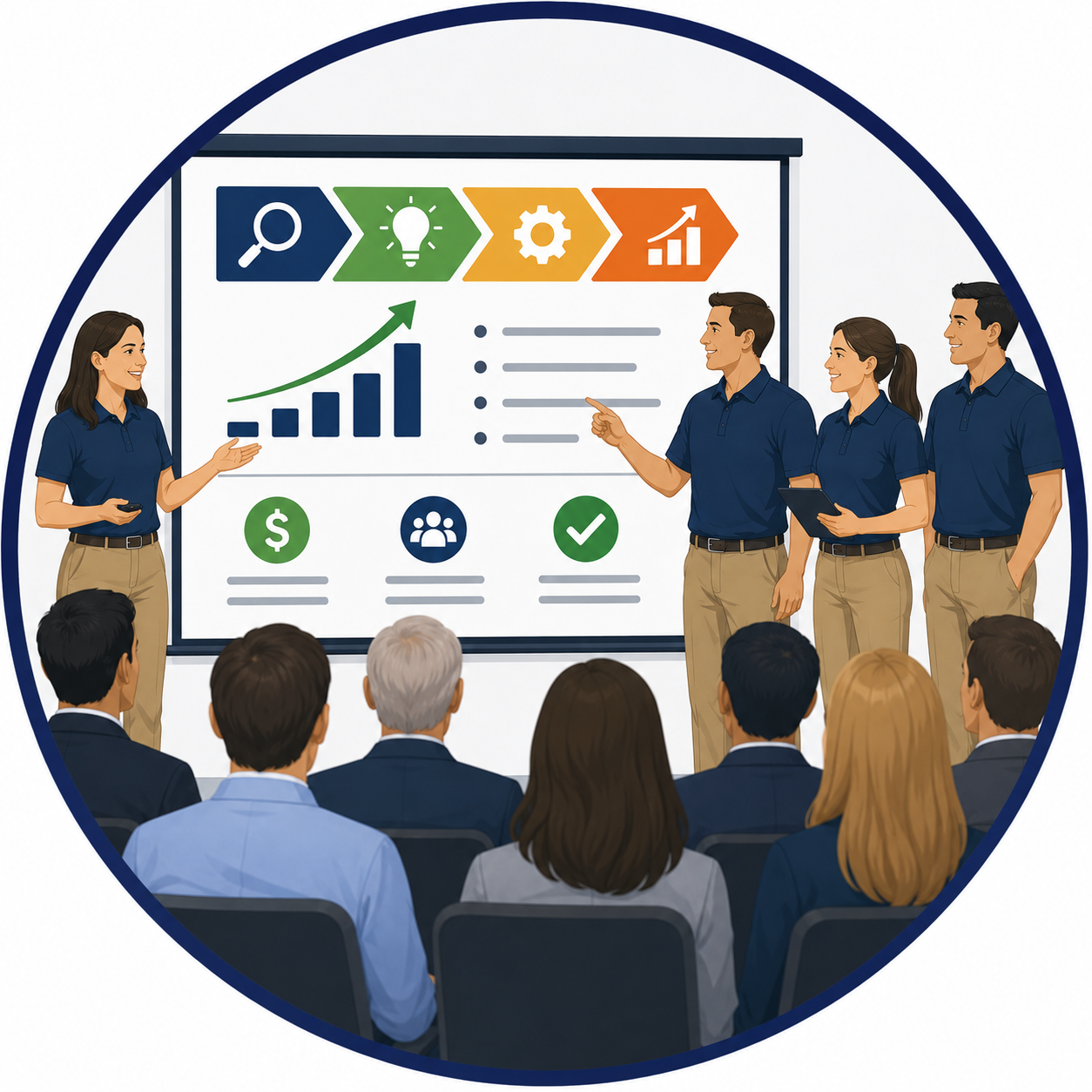 Graphic illustrating Kaizen report out design and delivery, where teams present improvement results, business impact, implementation plans, and recommendations to leaders and stakeholders.