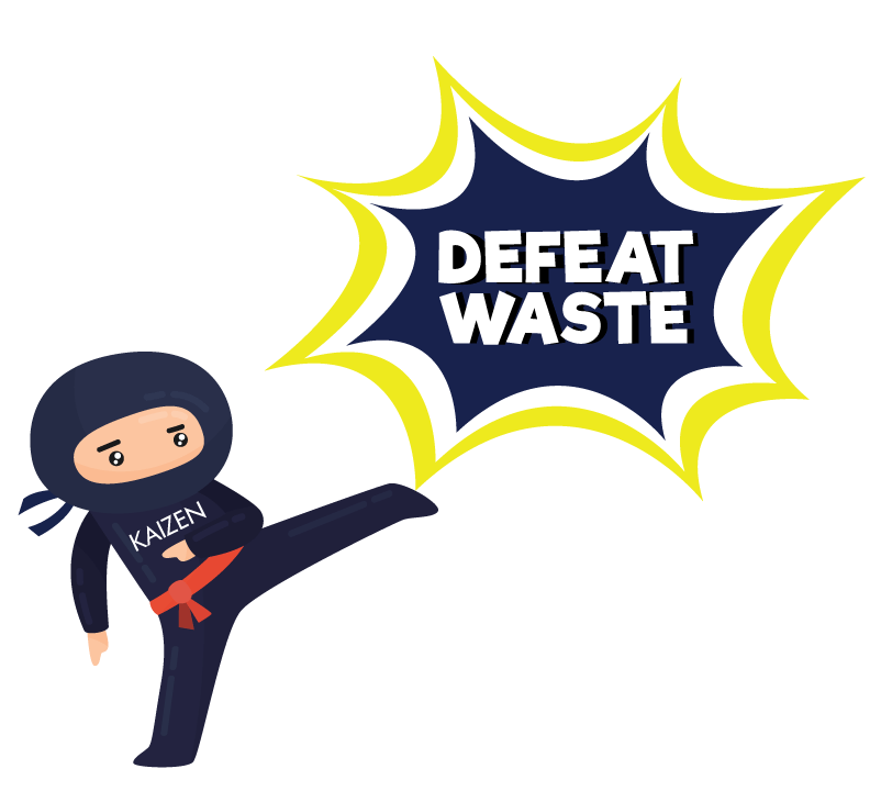 Kaizen Ninja illustration defeating waste, representing Adam Lawrence's commitment to eliminating waste through Lean manufacturing, Kaizen facilitation, and continuous improvement.