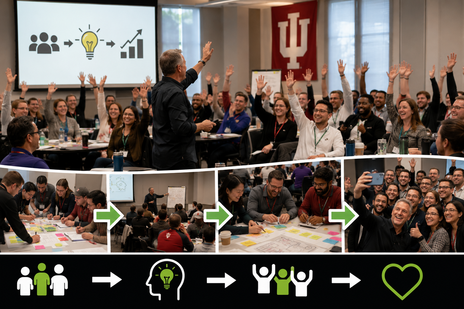 Interactive Lean leadership workshop at the Global Lean Summit, where participants collaborate in hands-on activities, group discussions, and facilitation exercises that build engagement and continuous improvement skills.