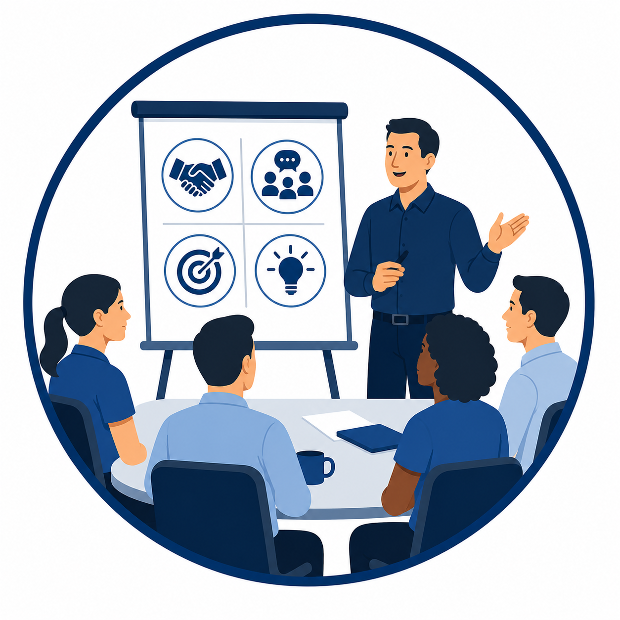 Graphic illustrating facilitation principles that help Kaizen facilitators align leadership, engage teams, build participation, focus on objectives, and create sustainable improvement results.
