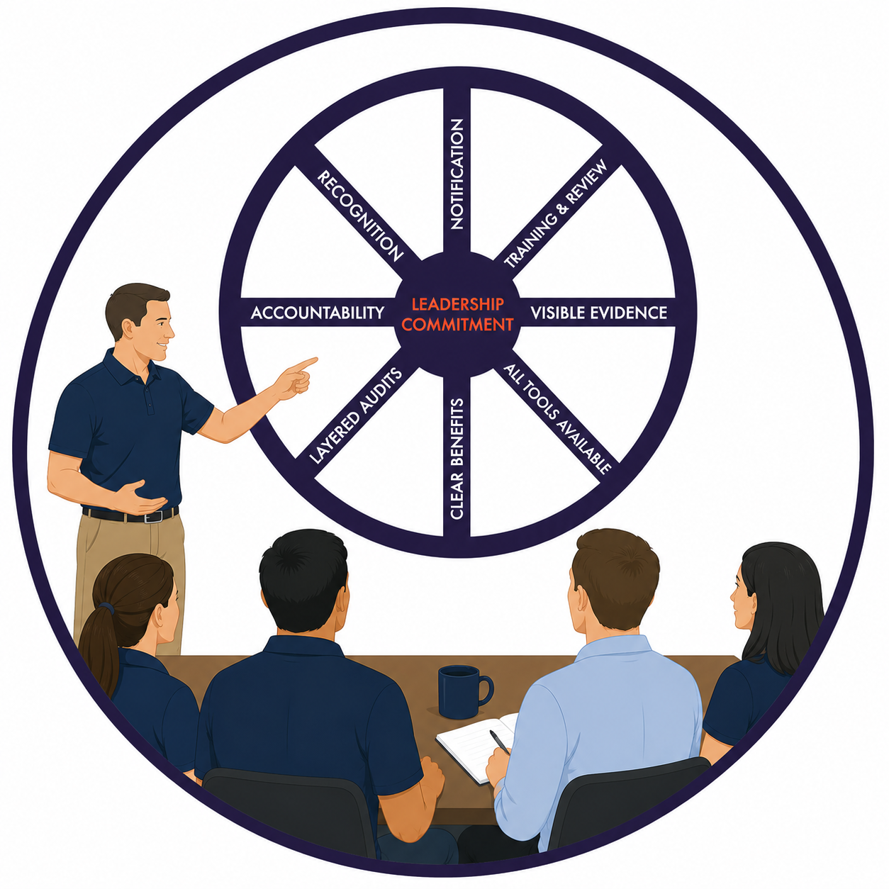 Graphic illustrating the Wheel of Sustainability framework, showing how leadership commitment, accountability, recognition, audits, training, and visible evidence sustain continuous improvement results.