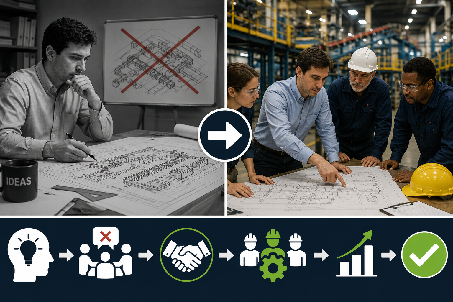 Before-and-after illustration of a manufacturing facility redesign, showing an engineer shifting from advocating an alternative factory layout to collaborating with the project team to successfully implement leadership's chosen design.
