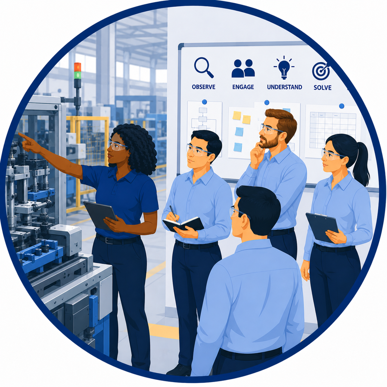 Graphic illustrating the Go to Gemba principle, where facilitators observe work at the source, engage employees, understand processes, identify root causes, and uncover improvement opportunities.