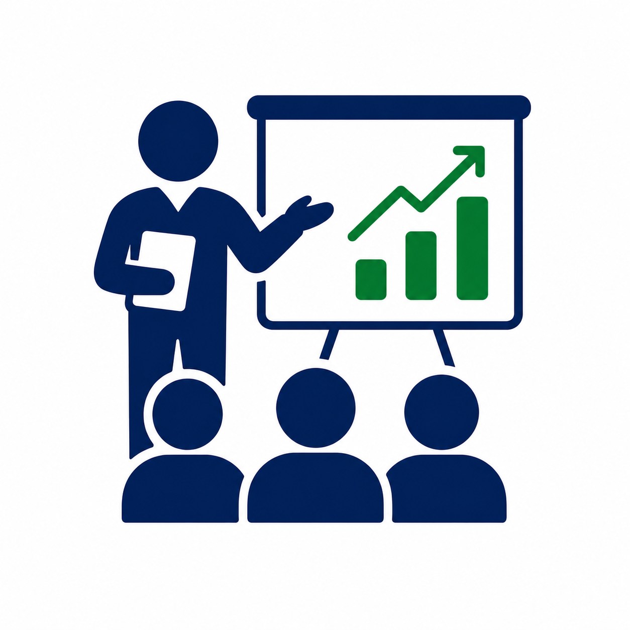 Icon representing experienced facilitator development, showing a facilitator coaching teams, strengthening leadership engagement, and improving continuous improvement results.