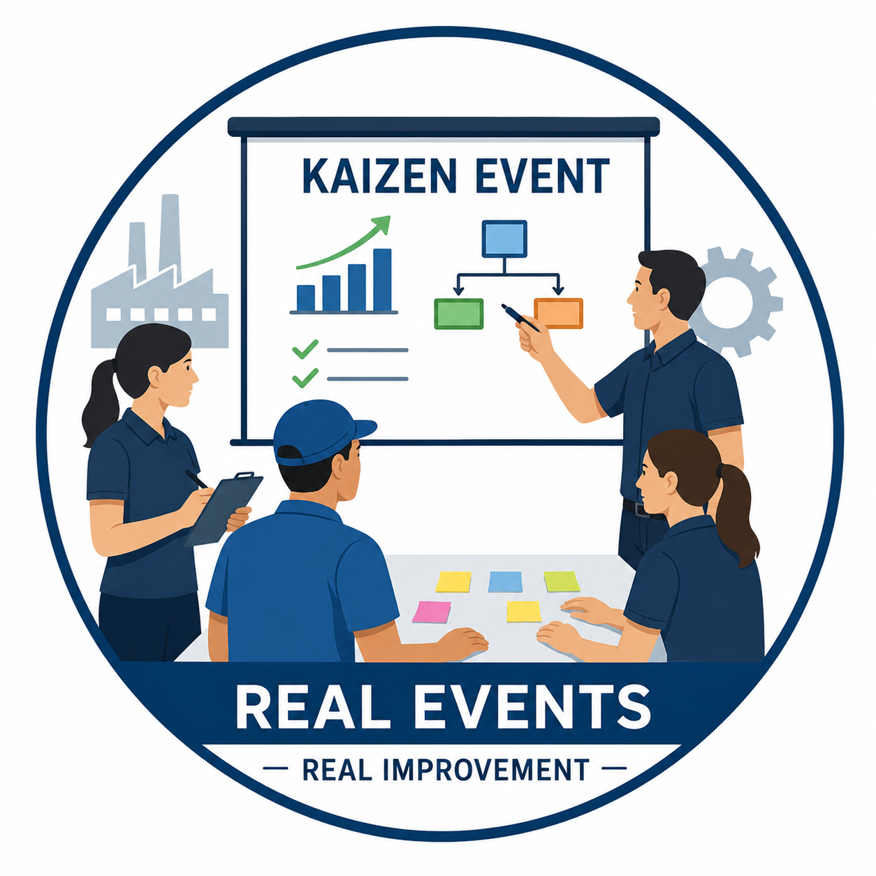 Graphic illustrating facilitators applying Kaizen event training in a real improvement project, developing the skills, confidence, and experience needed to lead successful continuous improvement efforts.