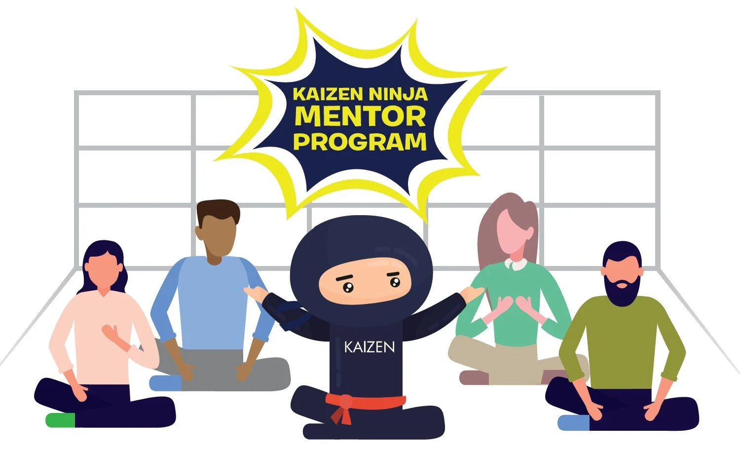 The Kaizen Ninja sitting cross legged with his arms raised up in front of two women and two men sitting cross-legged with him.