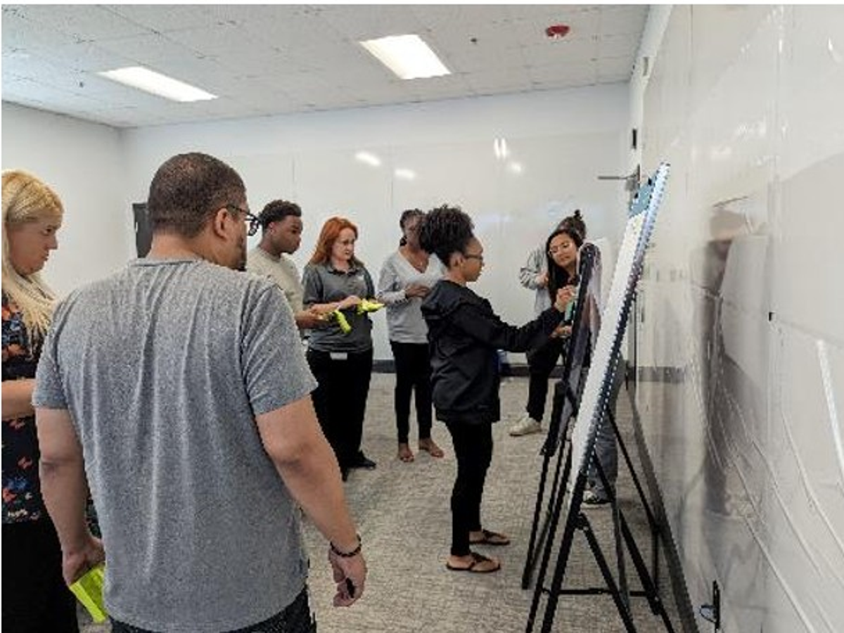 Manufacturing team collaborating during a Kaizen workshop led by Adam Lawrence, demonstrating employee engagement, teamwork, and hands-on continuous improvement problem solving.