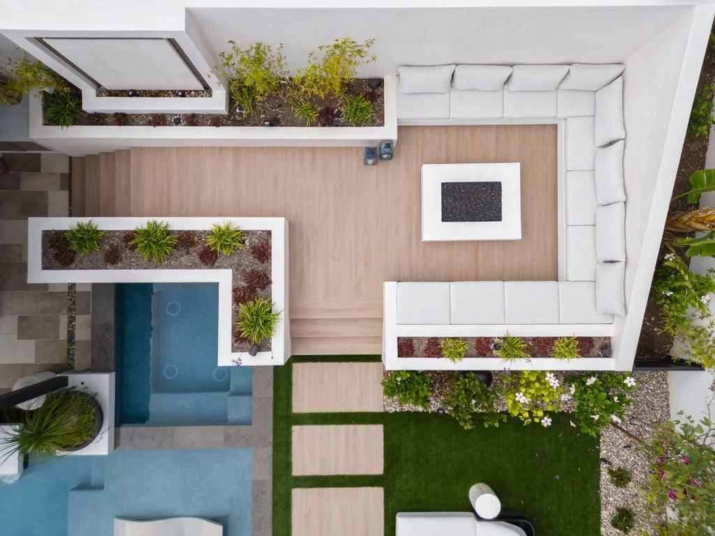 Aerial view of outdoor area with pool