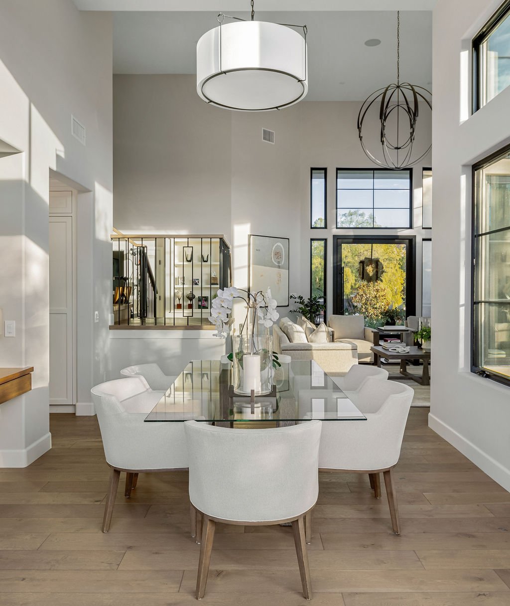 Dining area with large pendant light