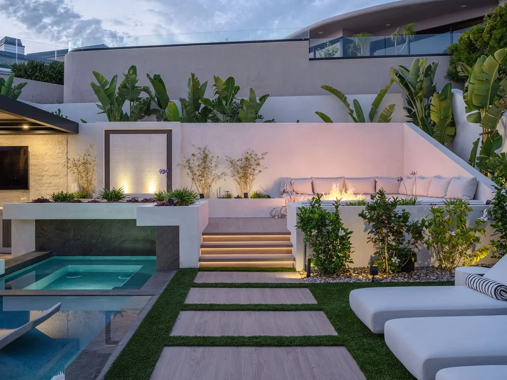Outdoor seating area at dusk with nice lighting