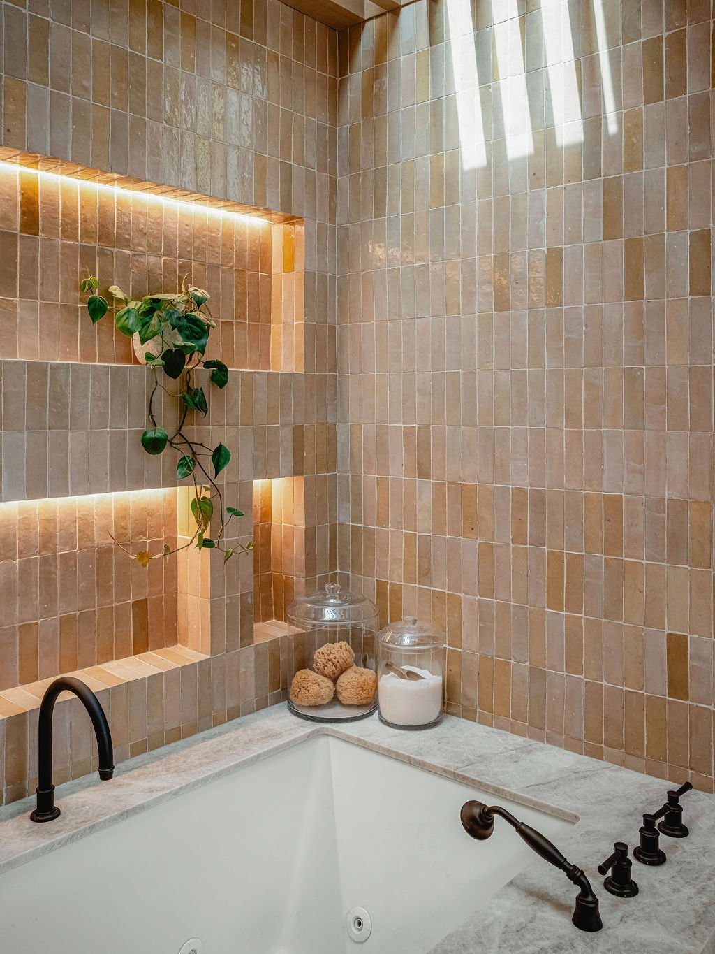 Warm tiled bathroom wall