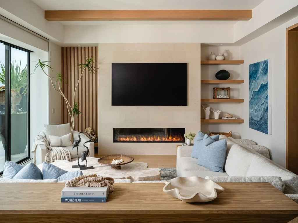 Lounge area with fireplace and warm accents