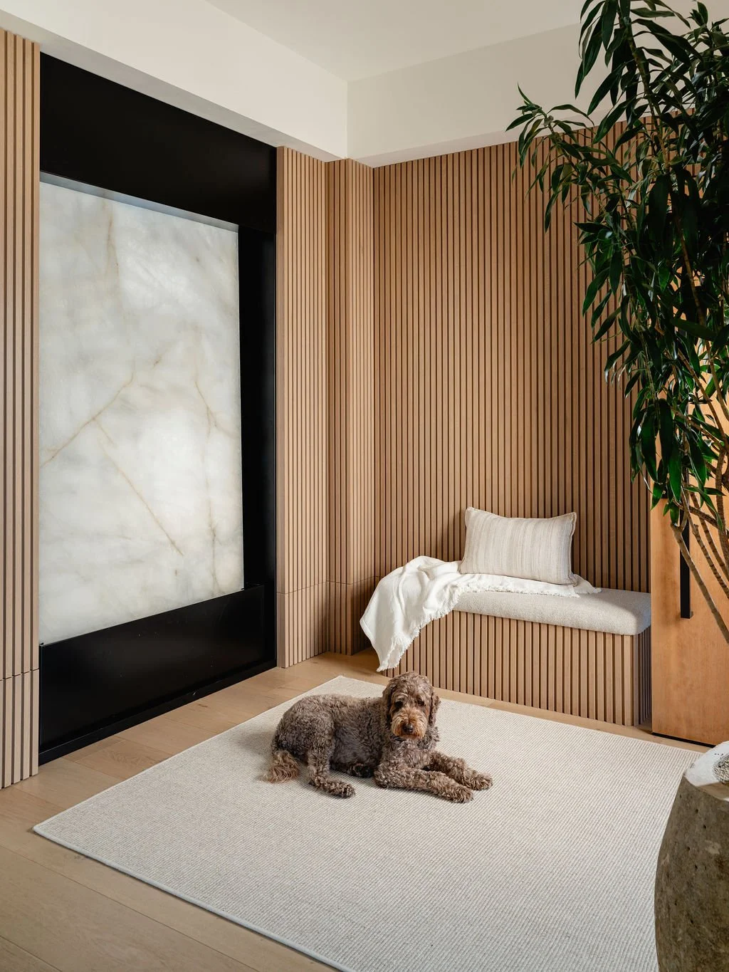 Dog sitting by a little nook area with wooden wall detailing
