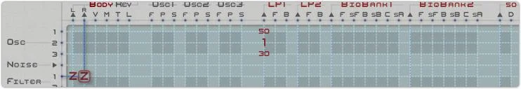 A section of the matrix, showing a highlighted connection: Filter 1 using Predefined formula Z into Audio Right Out