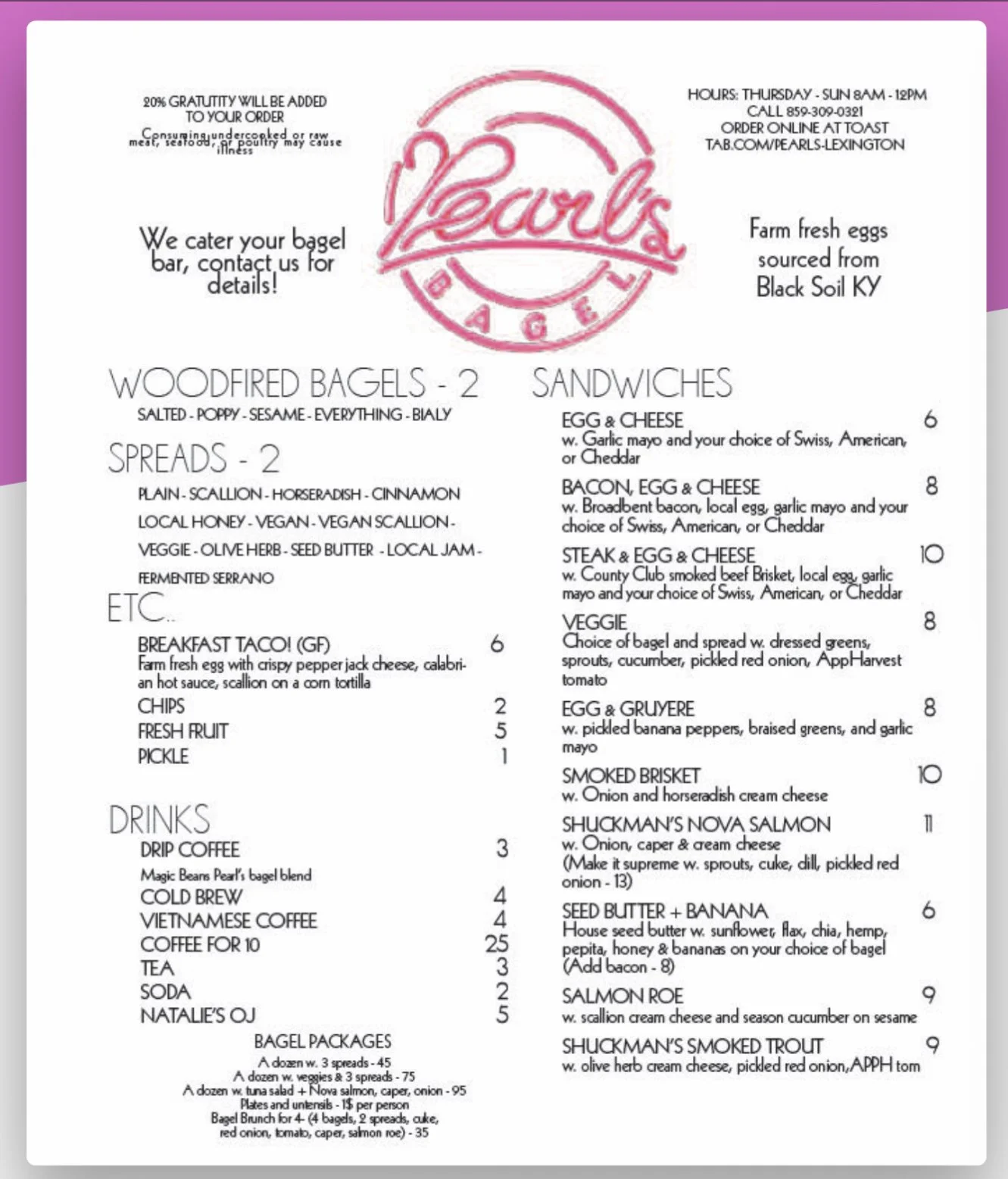 Bagel Menu — Pearl’s