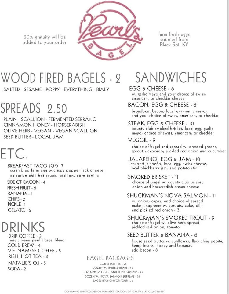 Bagel Menu — Pearl’s