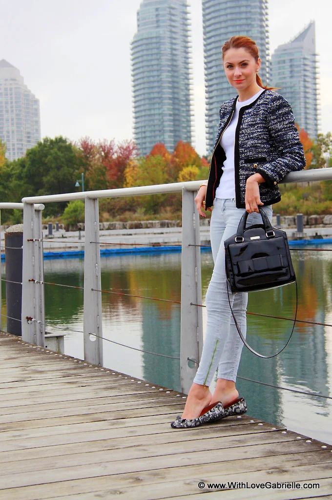 I AM WEARING:    Juicy Couture Tweed Clara Jacket // Three Dots Tee // 7 for All Mankind Cords // Marc by Marc Jacobs Lace Mouse Flats // Kate Spade Bow Bridge Little Kennedy Purse // Hermes Clic H Bracelet